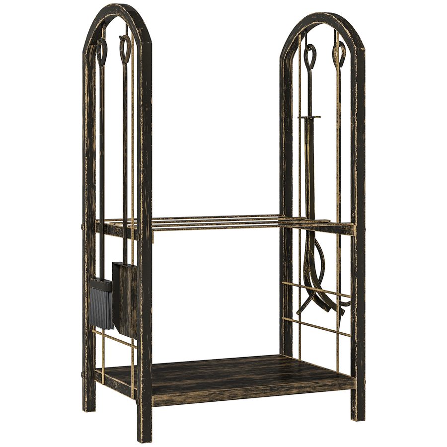 Outsunny Kaminholzregal für innen 43 x 30 x 74cm 2 Ebenen Brennholzregal mit 4 Kaminwerkzeug, Haken, Kaminholzständer für Kamin Ofen Kaminholzhalter für Feuerholz, Brennholz Metall Schwarz   Aosom von Outsunny