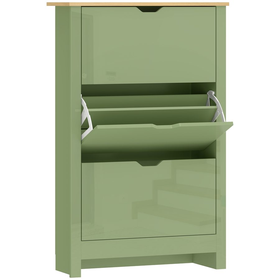 HOMCOM Schuhschrank für 18 Paar, schmaler hochglänzender Schuhschrank, 3 klappbare Fächer, verstellbare Einlegeböden, Oberplatte, moderner Stil, für Flur, Eingangsbereich, 72x26x112cm, Grün   Aosom von HOMCOM
