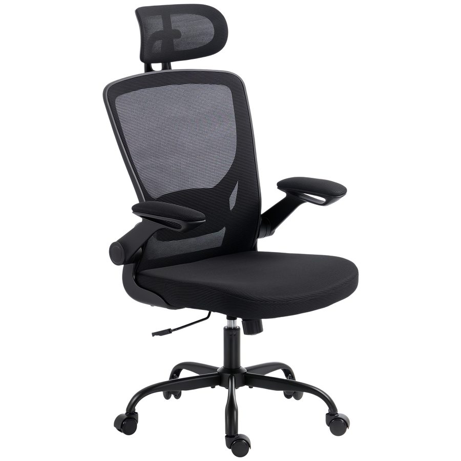 HOMCOM Ergonomischer Bürostuhl, Verstellbare Lenden- und Kopfstütze, Klappbare Armlehnen, Drehstuhl, Höhenverstellbar, Wippfunktion, Atmungsaktives Netz, Schwarz   Aosom von HOMCOM
