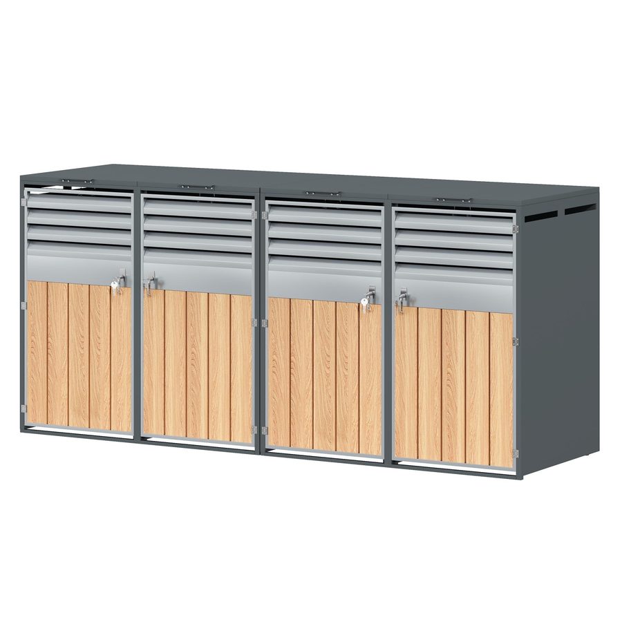 Mülltonnenbox mit hydraulischem Klappdeckel, 4-türiges Aufbewahrungsmodul, Lüftungslamellen, 264x80x118,5 cm, Grau+Naturfarbe