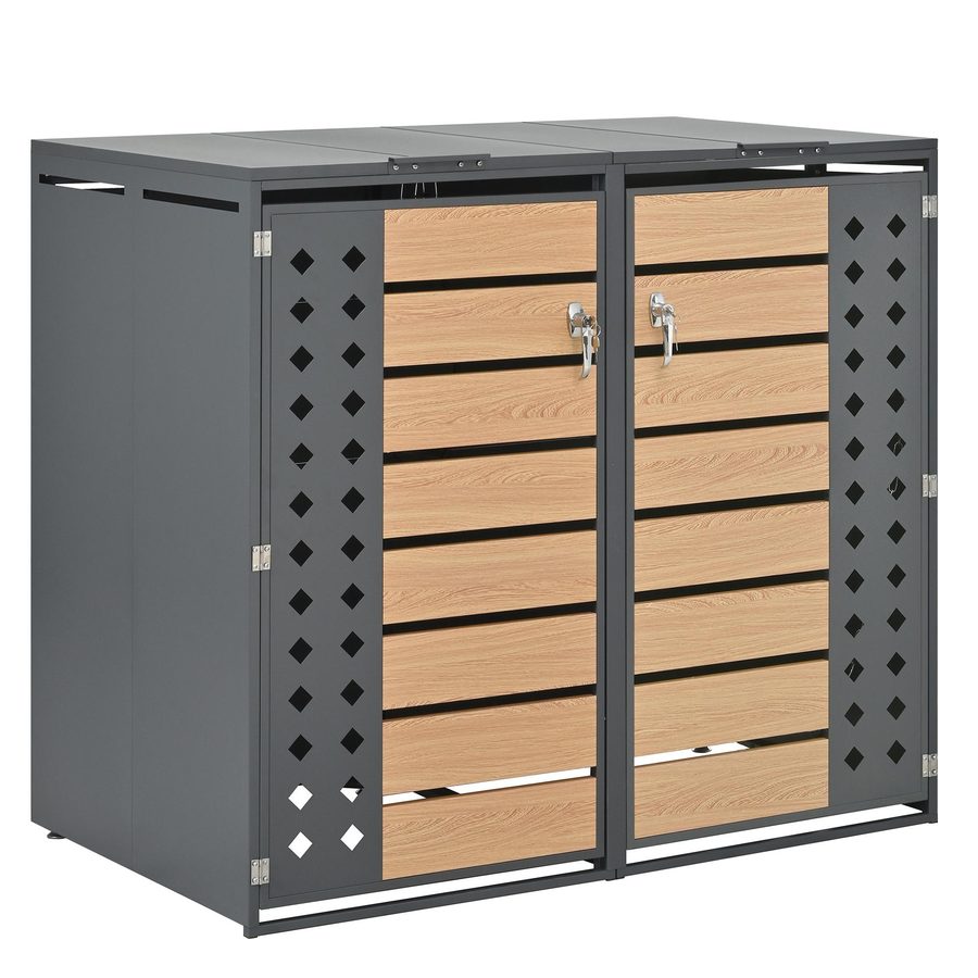 Mülltonnenbox mit hydraulischem Klappdeckel, zwei separaten Fächern und abschließbaren Türen, 132x80x118,5 cm, Grau+Naturfarbe