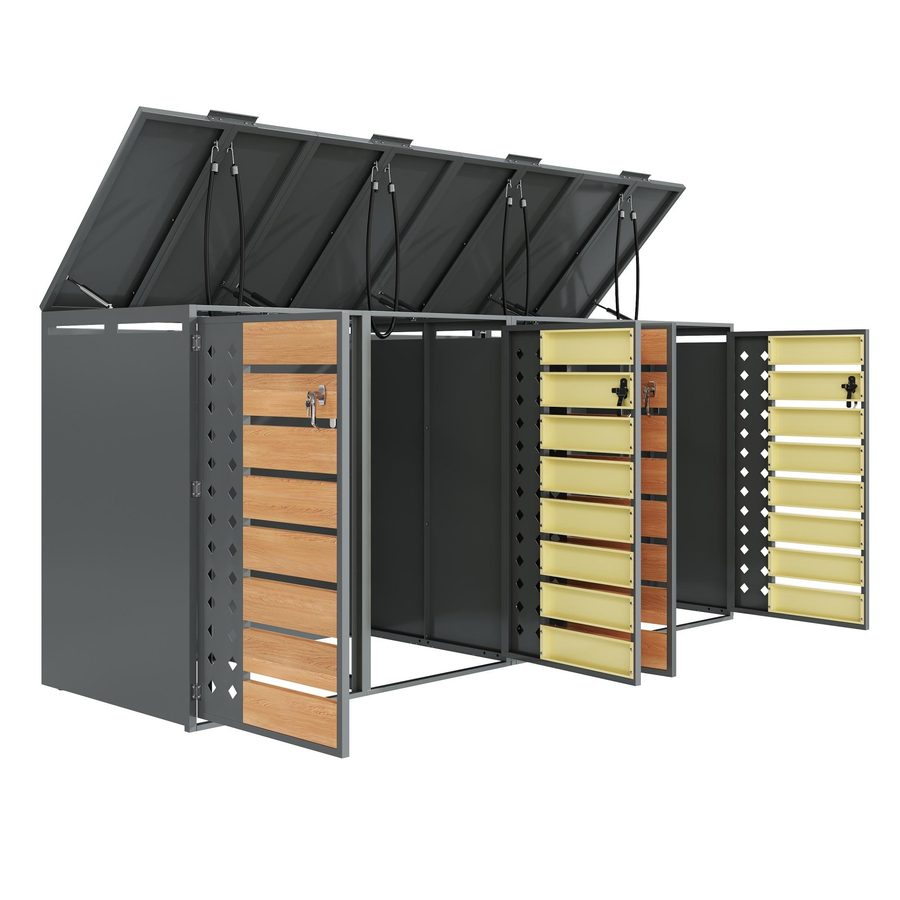 Mülltonnenbox mit 4‑fach Aufbewahrung, rautenförmiger Seitenperforation für Belüftung, 264x80x118,5 cm, Grau+Naturfarbe