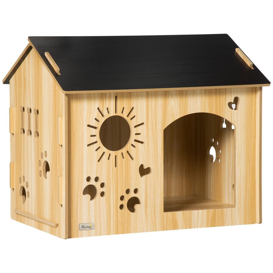 PawHut Hundehütte Hundehaus mit Dach Hundehöhle Indoor, Eiche+Schwarz 69 x 50 x 58,5 cm von PawHut