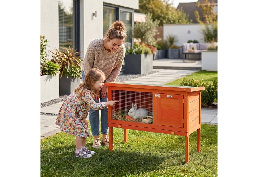 PawHut Kleintierstall Kaninchenkäfig mit aufklappbar Bitumendach, Tür, Hasenkäfig, aus Holz für Kleintiere Outdoor 90x45x65 cm Orange von PawHut