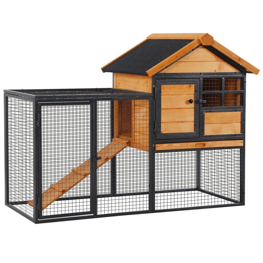 PawHut Kaninchenstall erhöhtes Haus mit Abschließbare Tür Outdoor Holz-Metall von PawHut