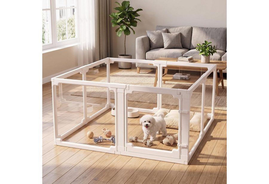 TLGREEN Freigehege Acryl Welpenauslauf 125×120×60cm, mit Tür, modularer Kleintierzaun, 8 Platten mit Anti-Rutsch-Füßen