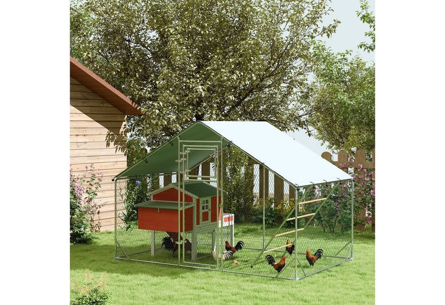 PawHut Hühnerstall Freilaufgehege aus Stahl, 300 x 200 x 195 cm für 6-8 Hühner Silber von PawHut