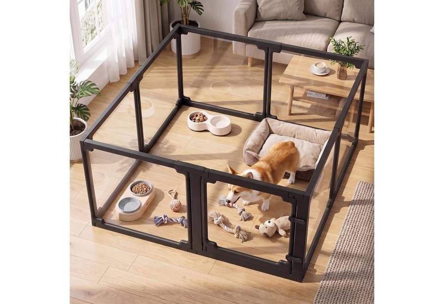 TLGREEN Freigehege Acryl Welpenauslauf 125×120×60cm, mit Tür, modularer Kleintierzaun, 8 Platten mit Anti-Rutsch-Füßen