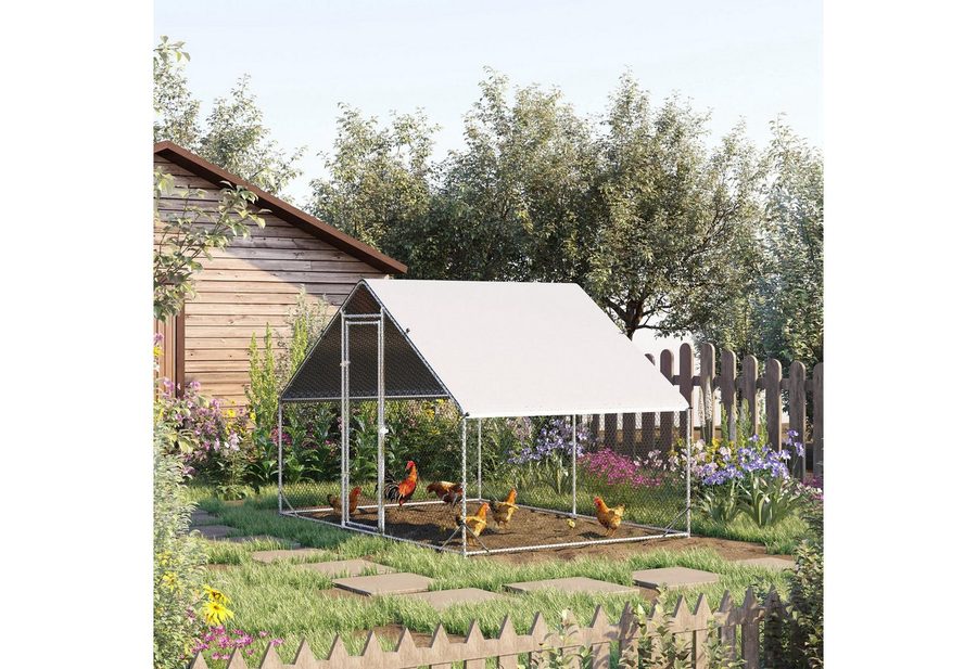 PawHut Hühnerstall 3x2x2 m Freilaufgehege mit Dach, Tür und Schloss, Verzinkter Stahl, für 4-6 Hühner, Kleintiere, Silber+Grau von PawHut