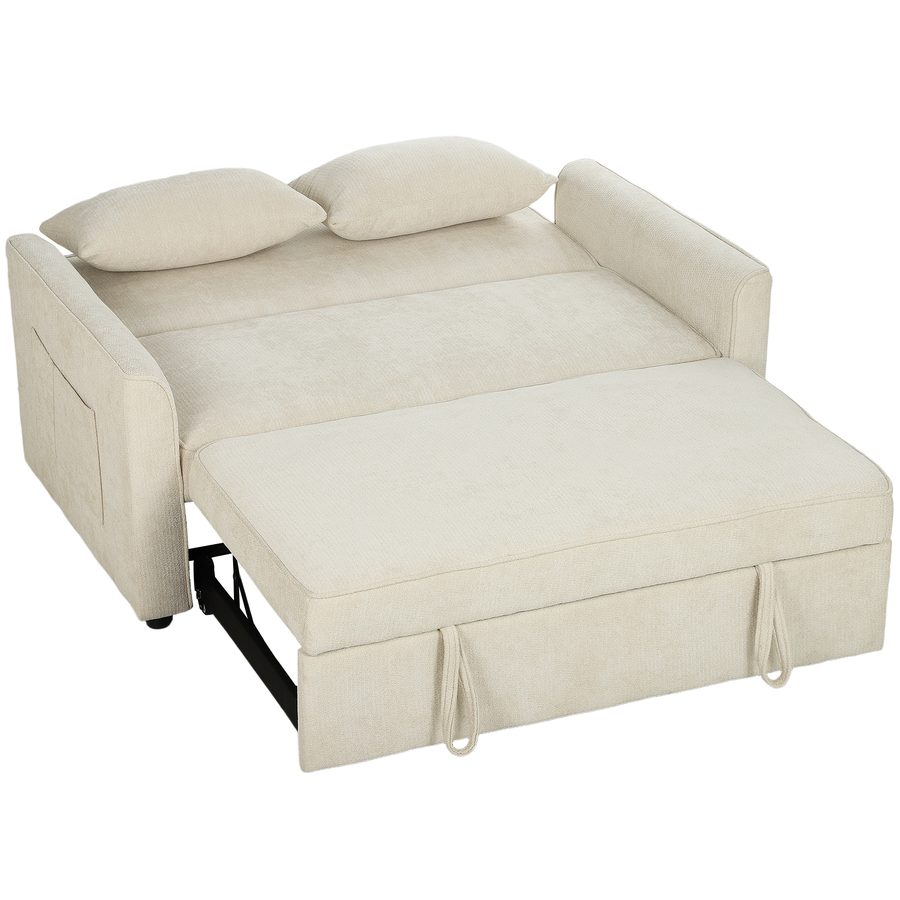 HOMCOM 2-Sitzer Schlafsofa 3-in-1, Clic-Clac Chenille Sofa 142 cm, verstellbare Rückenlehne, Sitz mit Taschenfedern, 2 Kissen, Seitentaschen, für Wohnzimmer, Schlafzimmer, kleine Räume, Beige   Aosom von HOMCOM