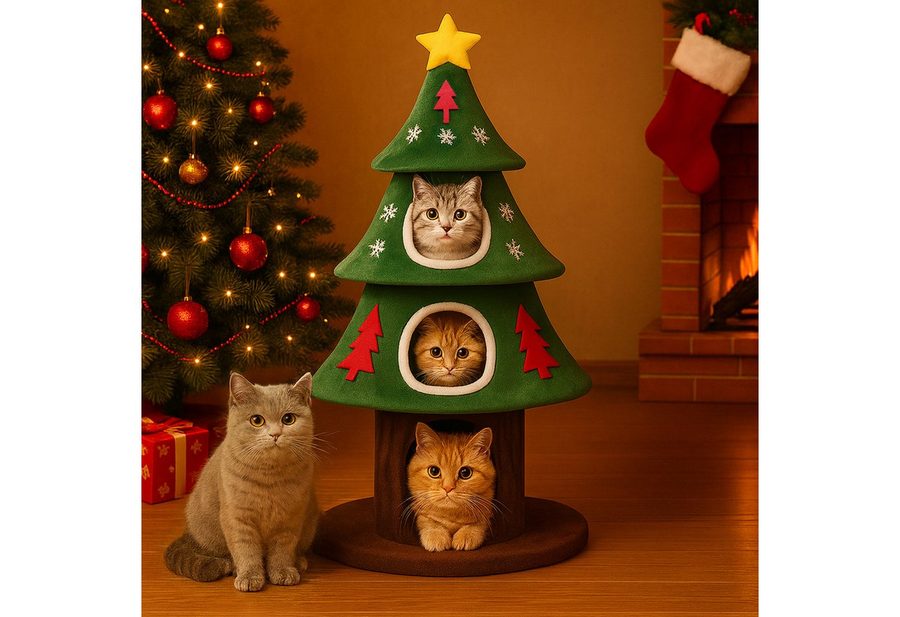 COMHOMA Kratzbaum im Weihnachtsbaum-Design 123cm, stabiler Katzenbaum Katzenturm, mit Kratzsäulen, mehrstöckiges Katzenhaus mit Plattformen & Spielball von COMHOMA