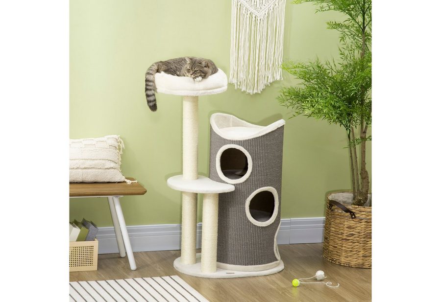 PawHut Kratzbaum 109cm Katzenbaum mit Kratztonne & Katzenbett, Sisalsäulen, modern in Weiß Grau für Katzenliebhaber   Aosom.de von PawHut