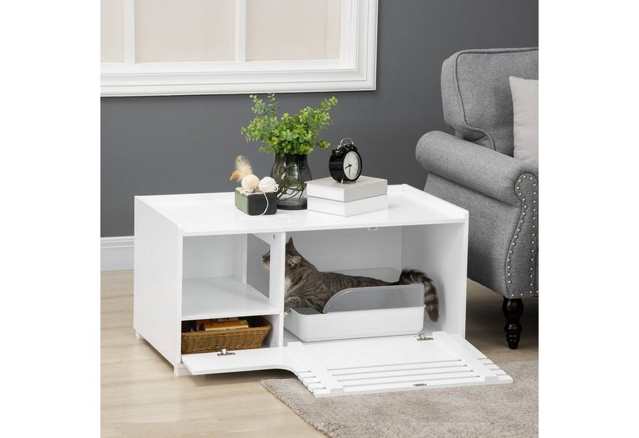 PawHut Katzentoilette Katzenhaus mit Magnettür Beistelltischerhöhtes Design, MDF, Weiß,90B x 48T x 43.5H cm von PawHut