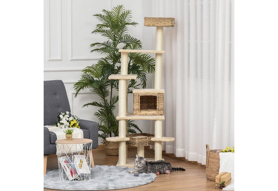 PawHut Kratzbaum Rattan mit Katzenhöhle Mehrstufiger Katzenbaum E1 MDF Sisal, 55L x 55B x 174H cm von PawHut