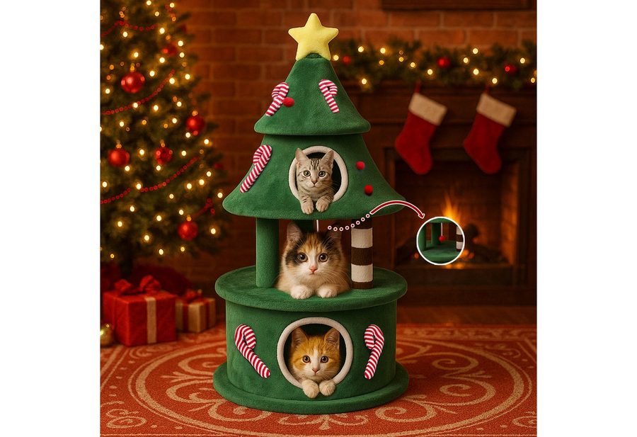 COMHOMA Kratzbaum im Weihnachtsbaum-Design 123cm, stabiler Katzenbaum Katzenturm, mit Kratzsäulen, mehrstöckiges Katzenhaus mit Plattformen & Spielball von COMHOMA