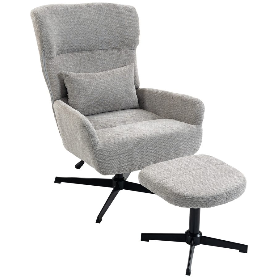 HOMCOM Relaxsessel mit Hocker Drehbarer Loungesessel mit Chenille-Optik, Lendenkissen, Höhenverstellbarer Sessel mit Metallbeinen, Polstersessel für Wohnzimmer, Cremeweiß   Aosom von HOMCOM