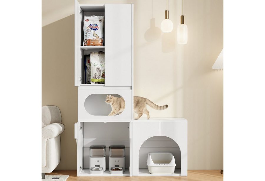 Flieks Katzenhaus Katzentoilettenschrank Haustierschrank, Mehrzweckschrank mit Ruhebereich Multifunktionsschrank Weiß von Flieks