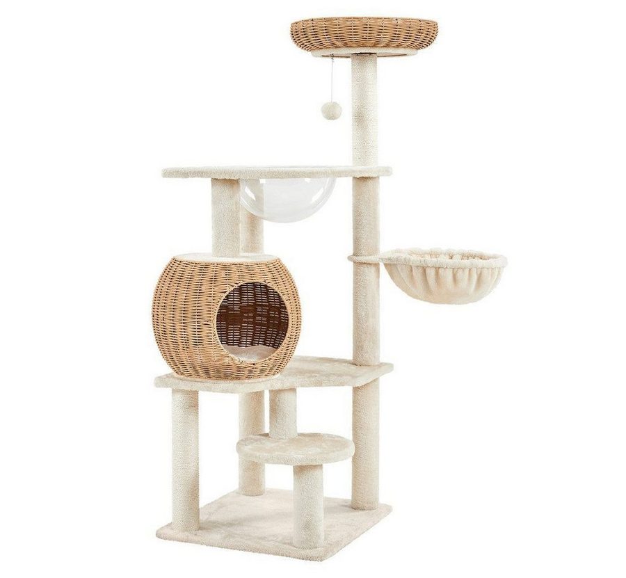 Yaheetech Kratzbaum 137,5 cm (H), aus Rattan-Geflecht, Katzenbaum mit Katzenhaus, Liegemulde, Korb, Sisalstämme, Plüschball von Yaheetech