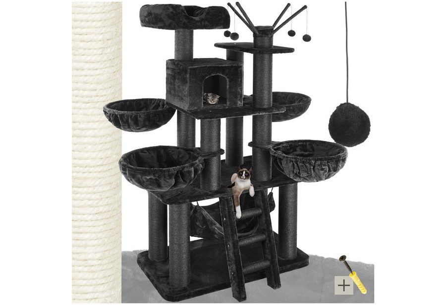 tectake Kratzbaum Katzenbaum Gismo 195 cm Diverse Farben (Schwarz), Vielseitig mit robusten Sisalstangen und Plüschoberfläche von TECTAKE