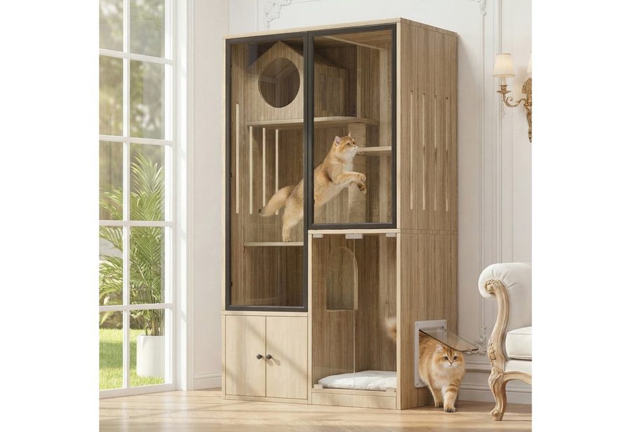 Flieks Katzenhaus Katzenvilla mit vierstockiger großer Katzenzaun, Tierhaus mit Kratzpfosten und Glastüren Katzenkäfig Holzoptik von Flieks