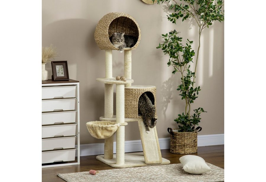 PawHut Kratzbaum Kratzbaum, mehrstöckiger Katzenbaum mit Höhle, Plattform, Plüsch, Beige, 60 x 60 x 150 cm von PawHut