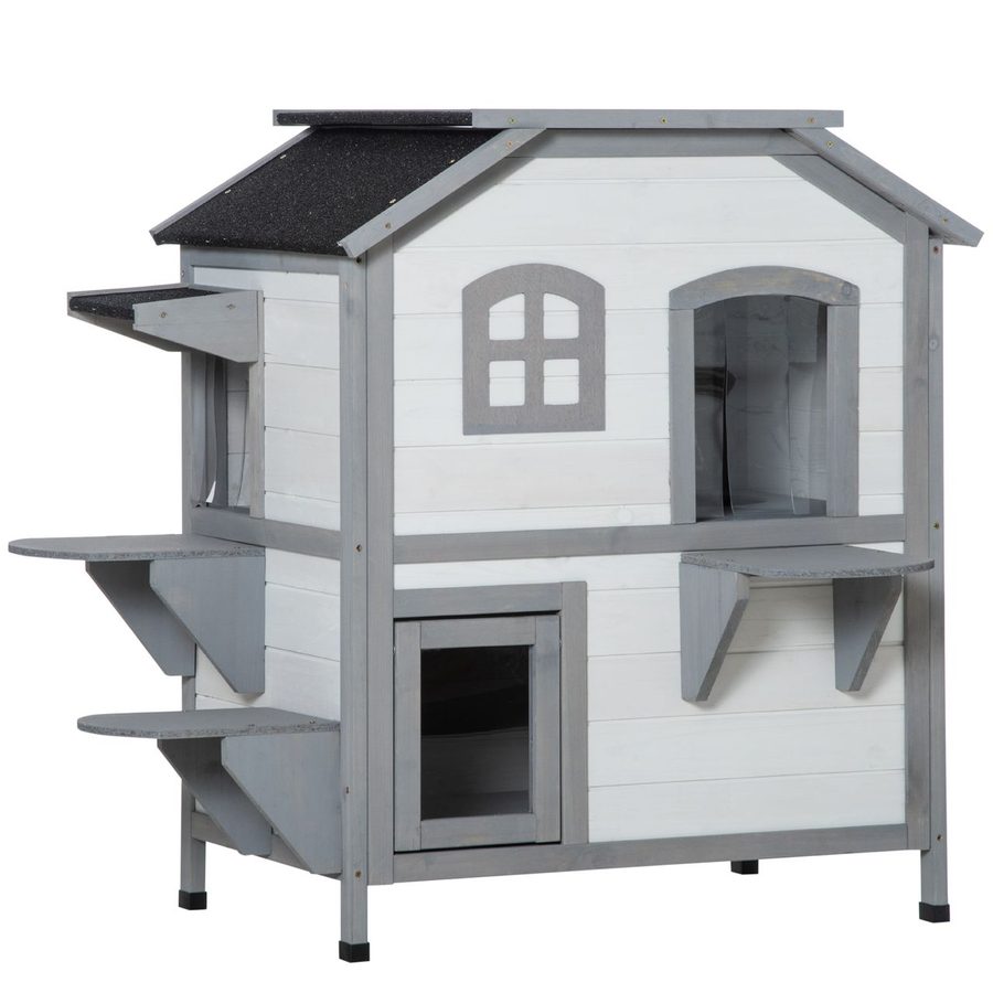 PawHut Katzenhaus Outdoor Katzenhütte 2-Etagen Katzenvilla Asphaltdach Weiß von PawHut