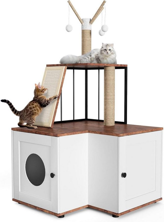 GarveeMore Katzentoilette mit Katzenbaum,2in1 Katzenturm für Hauskatzen, versteckte Katzentoilette mit Kratzbaum,hängenden Bällen,124cm von GarveeMore