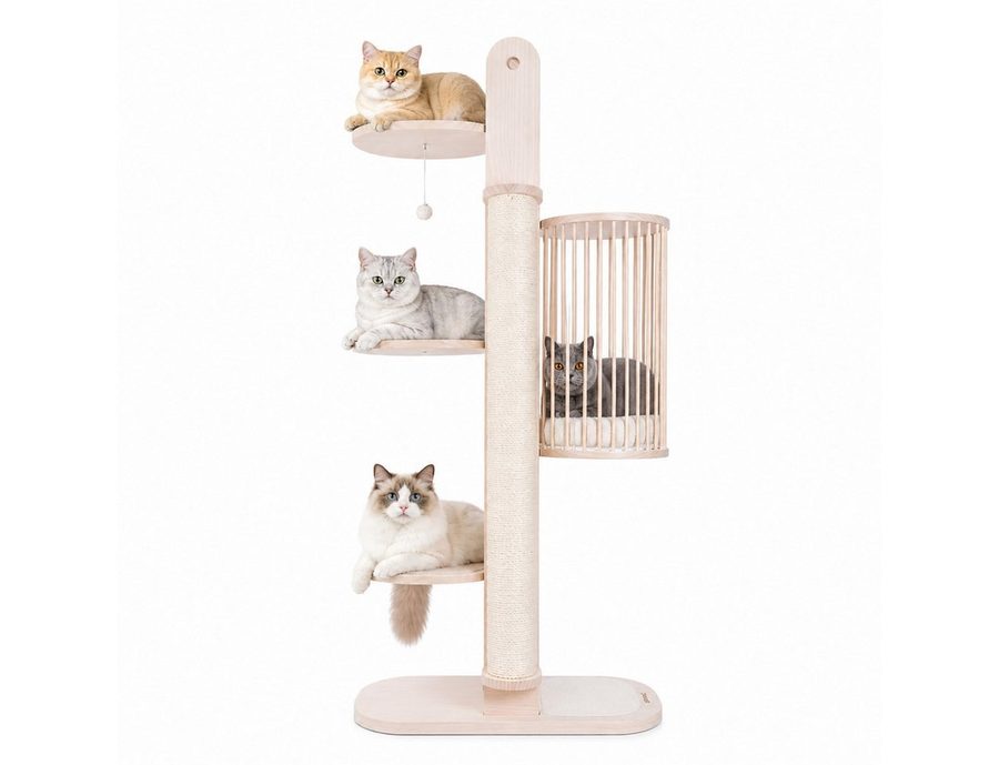 PetRhein Kratzbaum moderner Katzenbaum Skycity aus robustem Massivholz mit Höhle & Ball, 4 Plattformen, Kletterbaum, Katzenmöbel mit Sisal, mit Spielzeug von PetRhein