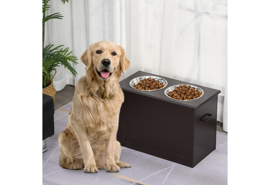 PawHut Hunde Fressnapf mit Staumraum 2 Näpfen Futterstation Edelstahlnapf Katzenapf MDF Edelstahl Espresso 60 x 30 x 41 cm   Aosom von PawHut