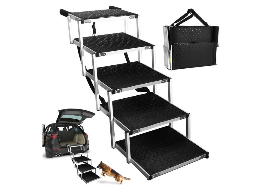 BlingBin Haustiertreppe Hundetreppe Auto, Hunderampe Auto klappbar mit Hundeliftgeschirr (1er Set, 1-St., 5 Stufen), 5 Stufen Zusammenklappbare Rampe für Auto und SUV, Aluminium-Treppe von BlingBin