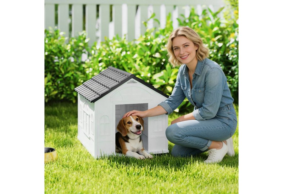 PawHut Hundehütte, Hundehaus mit Satteldach, wetterfest Kleintierhaus Hundehütte Grau von PawHut