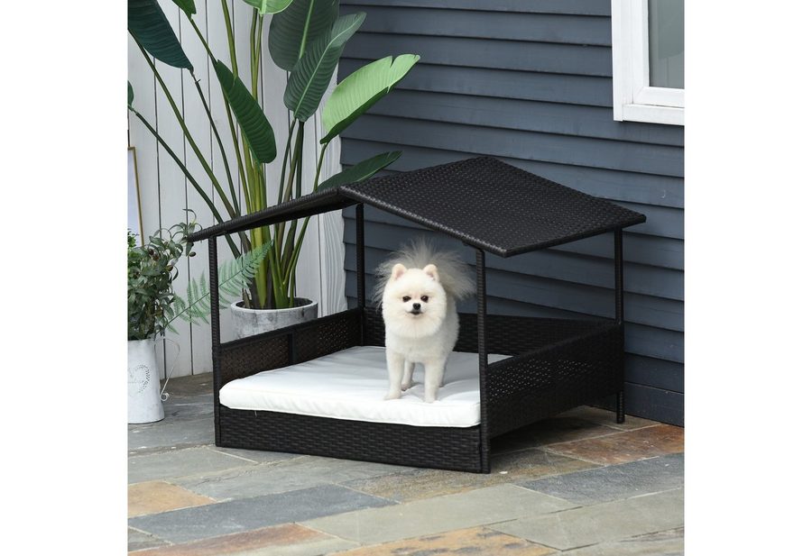 PawHut Rattan Hundehaus Hundebett Kissen Hausform Outdoor Hundehütte Stahl PP von PawHut