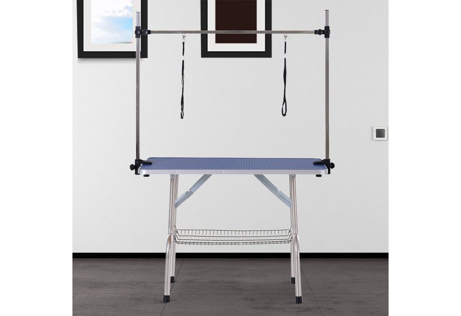 PawHut Tierpflegetisch mit Unterkorb höhenverstellbar klappbar Edelstahl Metall Blau 107 x 60 x 170 cm von PawHut