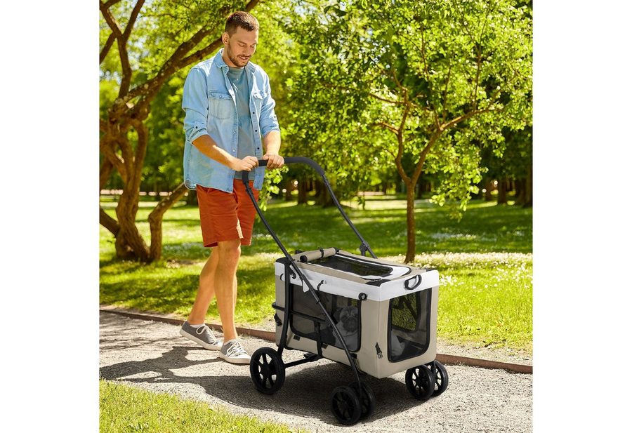 PawHut Hundebuggy Hundewagen Katzenbuggy klappbar mit Kissen Netzfenstern Türen, (Haustierwagen, 1-tlg), für Hunde & Katzen bis 10 kg, Khaki von PawHut