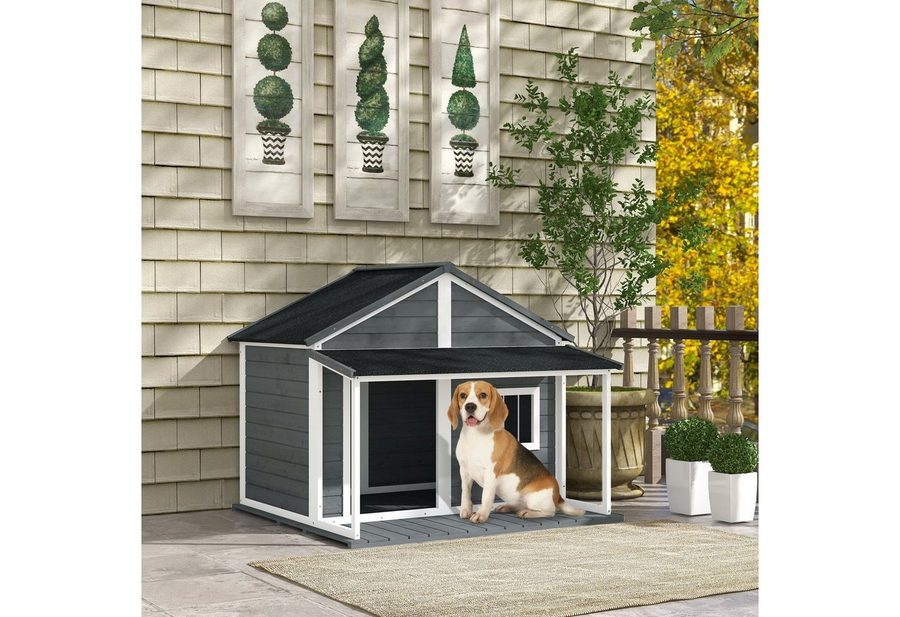 PawHut Hundehütte aus Holz Kleintierhaus Hundehaus mit Terrasse für draußen von PawHut