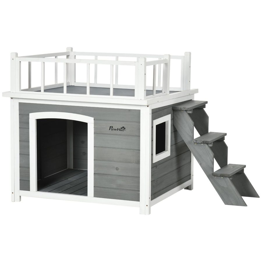 PawHut Hundehütte Hundehaus mit Balkon und Treppe, erhöhtes Kleintierhaus mit Fenster für mittelgroße & große Hunde aus Tannenholz   Aosom.de von PawHut
