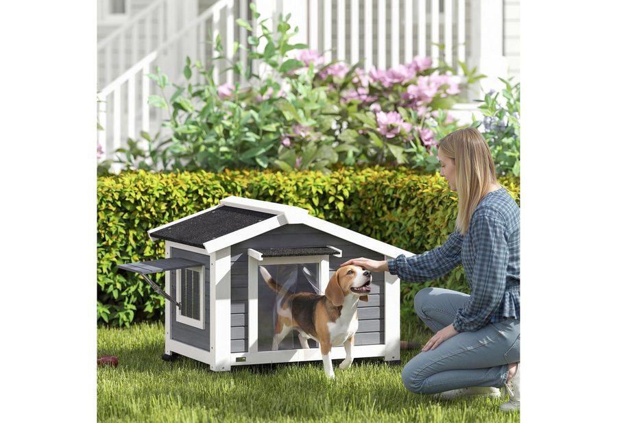 PawHut Hundehütte wetterfestes Hundehaus aus Holz mit herausnehmbarem Boden Asphaltdach, für mittelgroße Hunde bis 20 kg Indoor Outdoor 98 x 76 x 69,5 cm Grau von PawHut