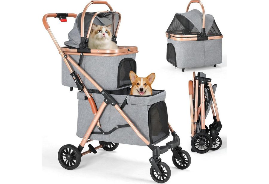 TLGREEN Hundebuggy Doppel Hundebuggy 2 Etagen, (Faltbarer Haustierbuggy für 2 Tiere bis 15kg), Katzenbuggy mit 2 Körben, 4 PU-Rädern, Fußbremse & Dämpfung von TLGREEN