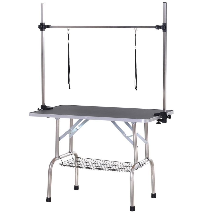 PawHut Tierpflegetisch mit Unterkorb höhenverstellbar klappbar Edelstahl Metall Schwarz 107 x 60 x 170 cm von PawHut