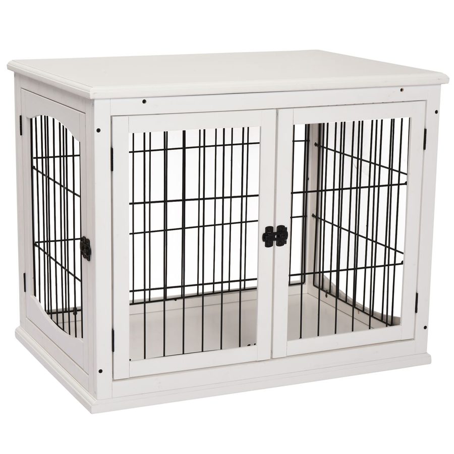 PawHut Hundehütte mit Tischoberfläche, 2 Türen, MDF, Metall, Weiß, 81 x 58,5 x 66 cm von PawHut