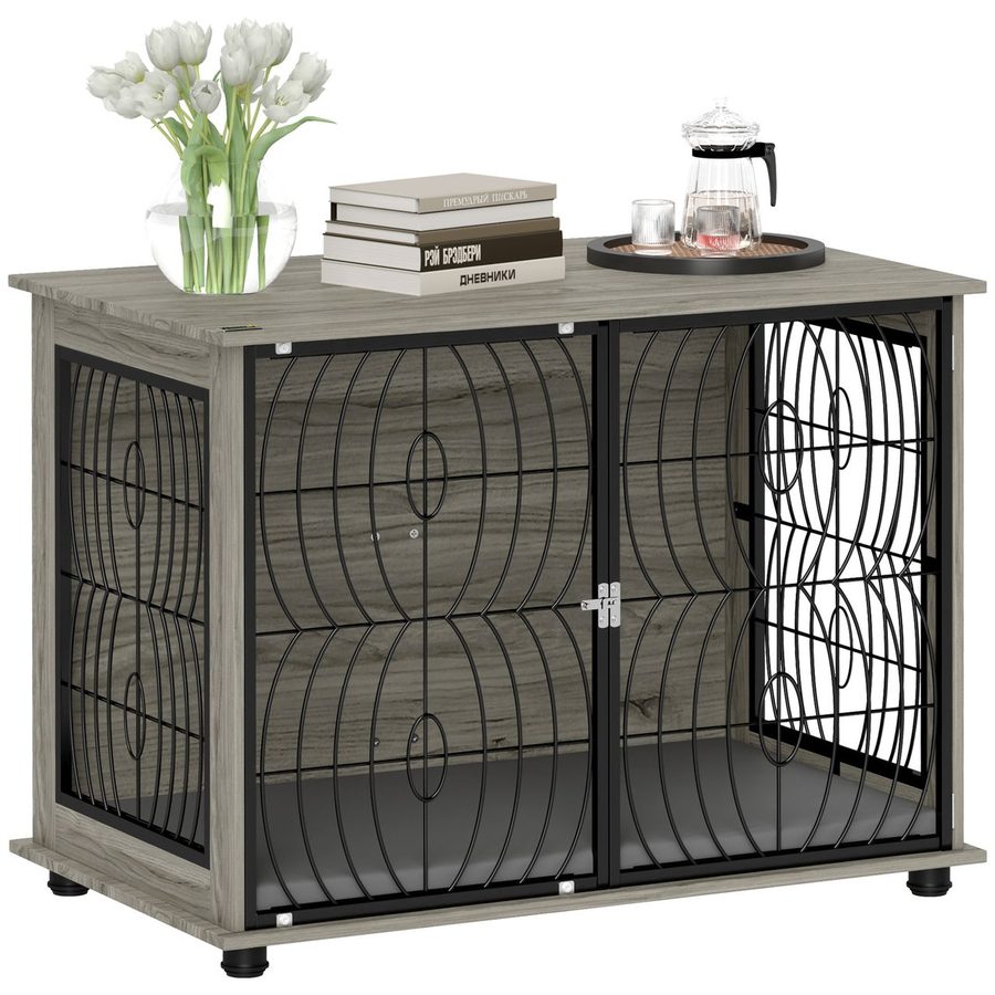 PawHut Hundekäfig für Zuhause, Hundehütte, Indoor Haustierkäfig mit Kissen Grau von PawHut
