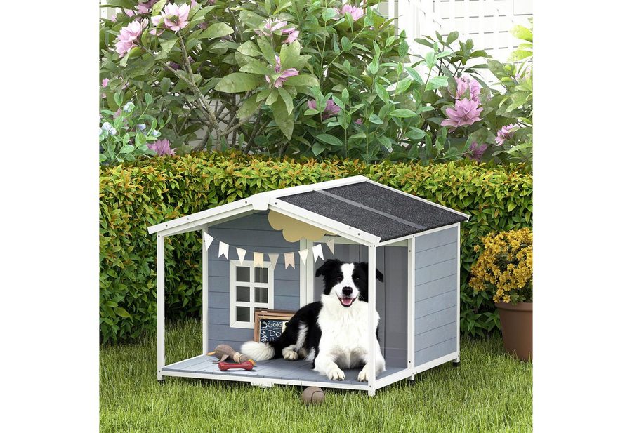 PawHut Hundehütte Hundehaus aus Holz Erhöhte Hundehöhle, für mittelgroße Hunde bis 20 kg 103 x 107 x 83,5 cm Grau von PawHut