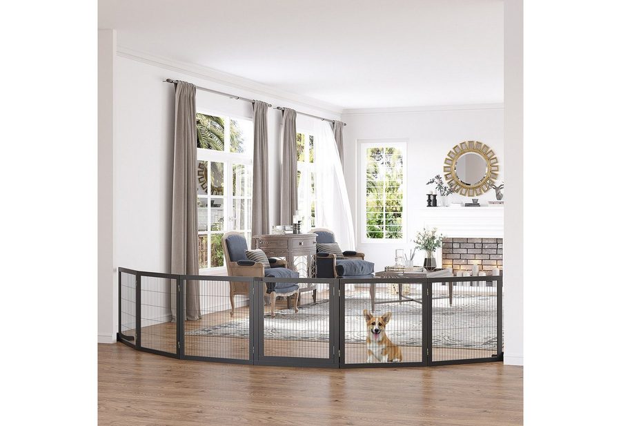 PawHut Hundegitter Freistehendes, mit Füßen, klappbares Treppenschutzgitter für Küche (Absperrgitter für Hund, 1 St., verstellbares Schutzgitter aus Holz), 432 x 70 cm, für Treppen, Türen, Flur, 6 Paneelen, Schwarz von PawHut