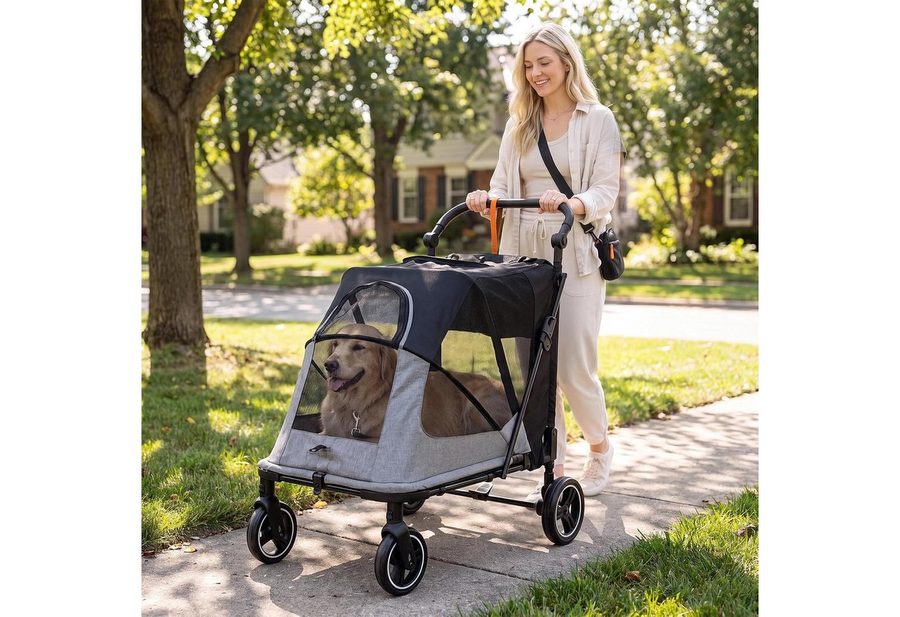 TLGREEN Hundebuggy Großer faltbarer Hundewagen bis 30 kg, (stabiler 4‑Räder Haustierwagen für große Hunde), All‑Terrain‑Räder, atmungsaktives Netzgewebe, Einhand‑Faltung,Stauraum von TLGREEN