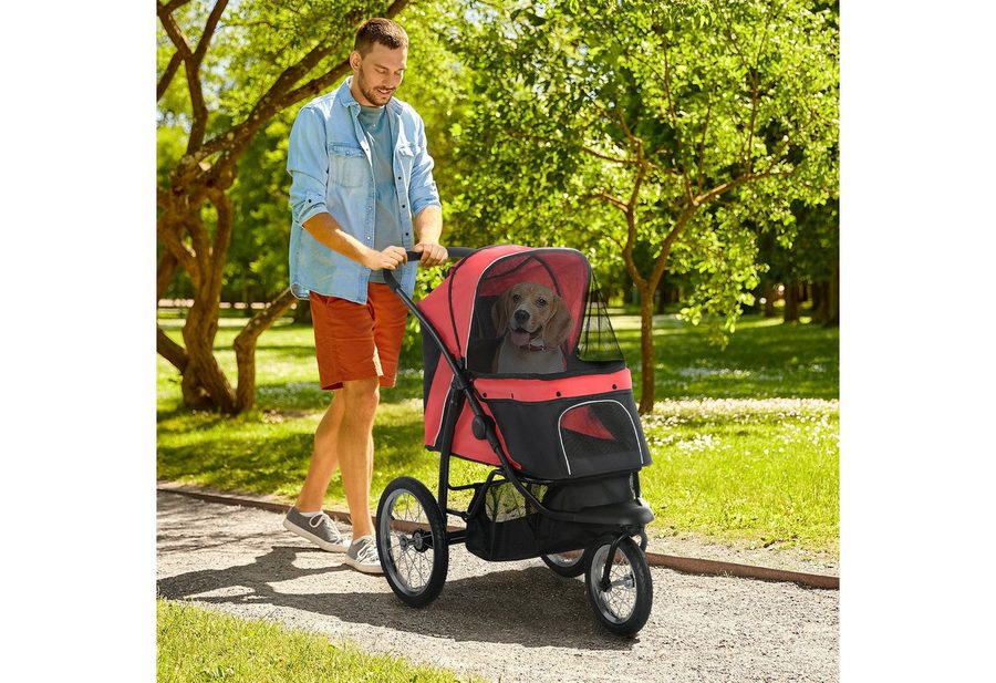 PawHut Hundebuggy Katzenwagen mit geländegängige Gummiräder Kissen Buggy, (Hundewagen, 1-tlg), für Hunde & Katzen bis 20 kg, Rot von PawHut