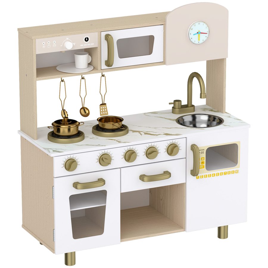 AIYAPLAY Kinderküche Kaffeemaschine Kinder Holz Spielküche Zubehör mit Herd, Wasserhahn, Ablage und Kochgeschirr aus Edelstahl, Küchengeräte Kaffeeset Kinder Spielzeug für Jungen Mädchen 3-6 Jahren   Aosom von AIYAPLAY