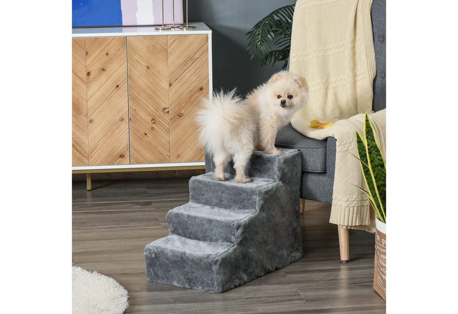 PawHut Haustiertreppe 3 Stufen Hunderampe für Kleine Hunde mit Waschbar Bezug (Haustierleiter, 1-St., Tiertreppe), Grau 60 x 35 x 44 cm von PawHut