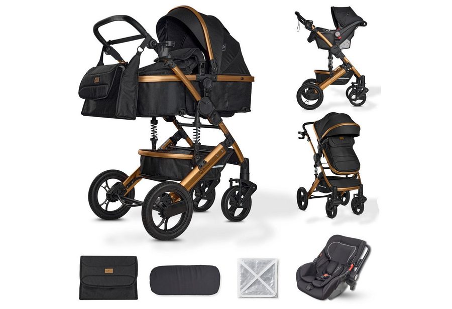 Bronea Kombi-Kinderwagen EXQUISE 2.0 Kinderwagen 3in1 mit MATRATZE, BUGGY & AUTO-BABYSCHALE, (Set), NEUES HOCHWERTIGES MODELL,Wickeltasche,Regen-, Mücken- & Sonnenschutz