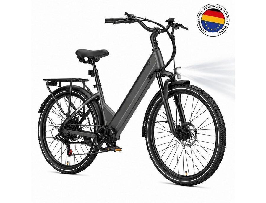 OOTD E-Bike Cityrad 26" 36V 14,5Ah Akku bis 75km, 250W Heckmotor, Shimano 7‑Gang‑Schaltung, 7 Gang Shimano ARDTZ500GSD Schaltwerk, Kettenschaltung, Hinterradmotor, 522 Wh, Tiefer Einstiegherausnehmbarer Akkugefederte Sattelstütze