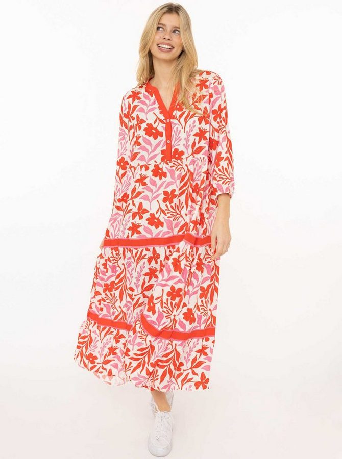 Zwillingsherz Maxikleid "Flower" Florales Muster, Schriftzug, 3/4 Arm, Knopfleiste